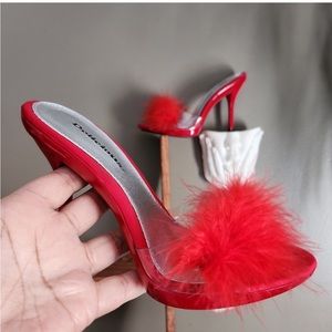 Delicious red boa feather accent stiletto slide on heel